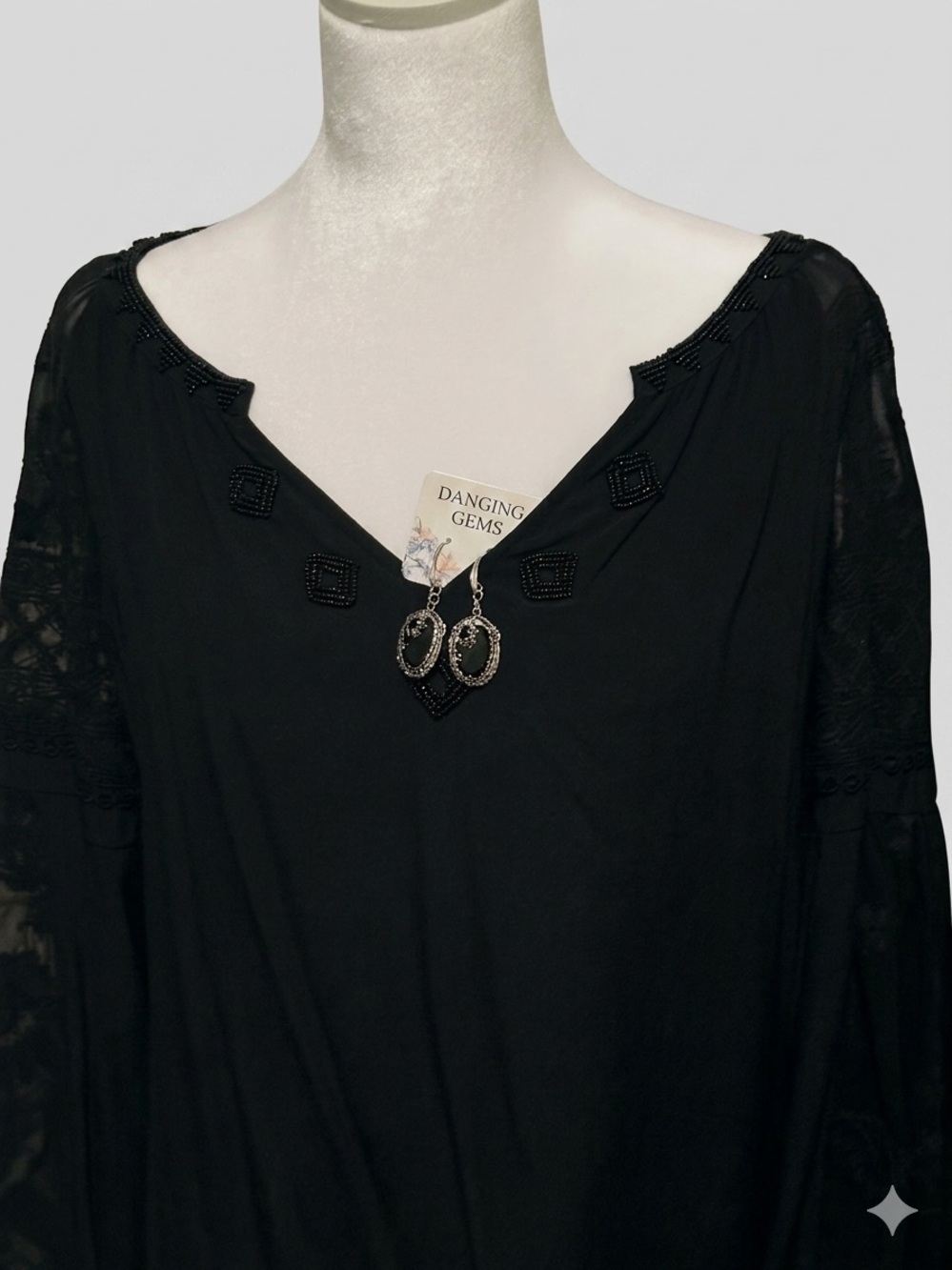 Hale Bob Sheer Beaded Sleeve Peasant Top & Boho Style Earrings